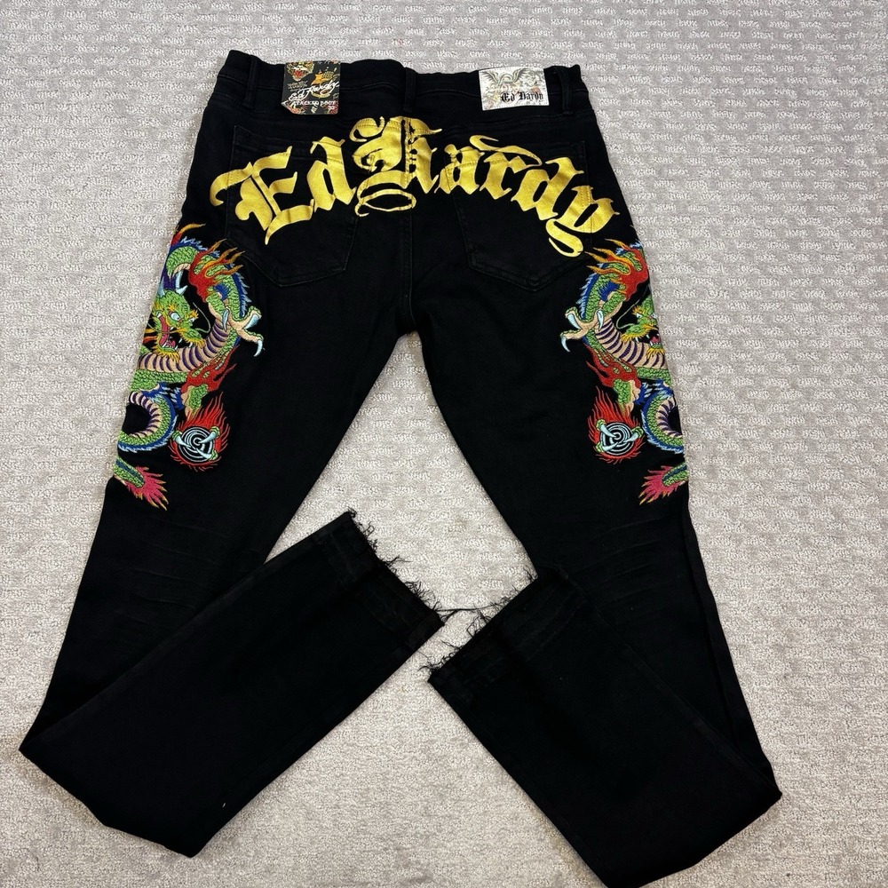 Ed Hardy Jeans Stacked Boot Mens 32X37 Embroidered Dragon Flames Y2k Black NWT